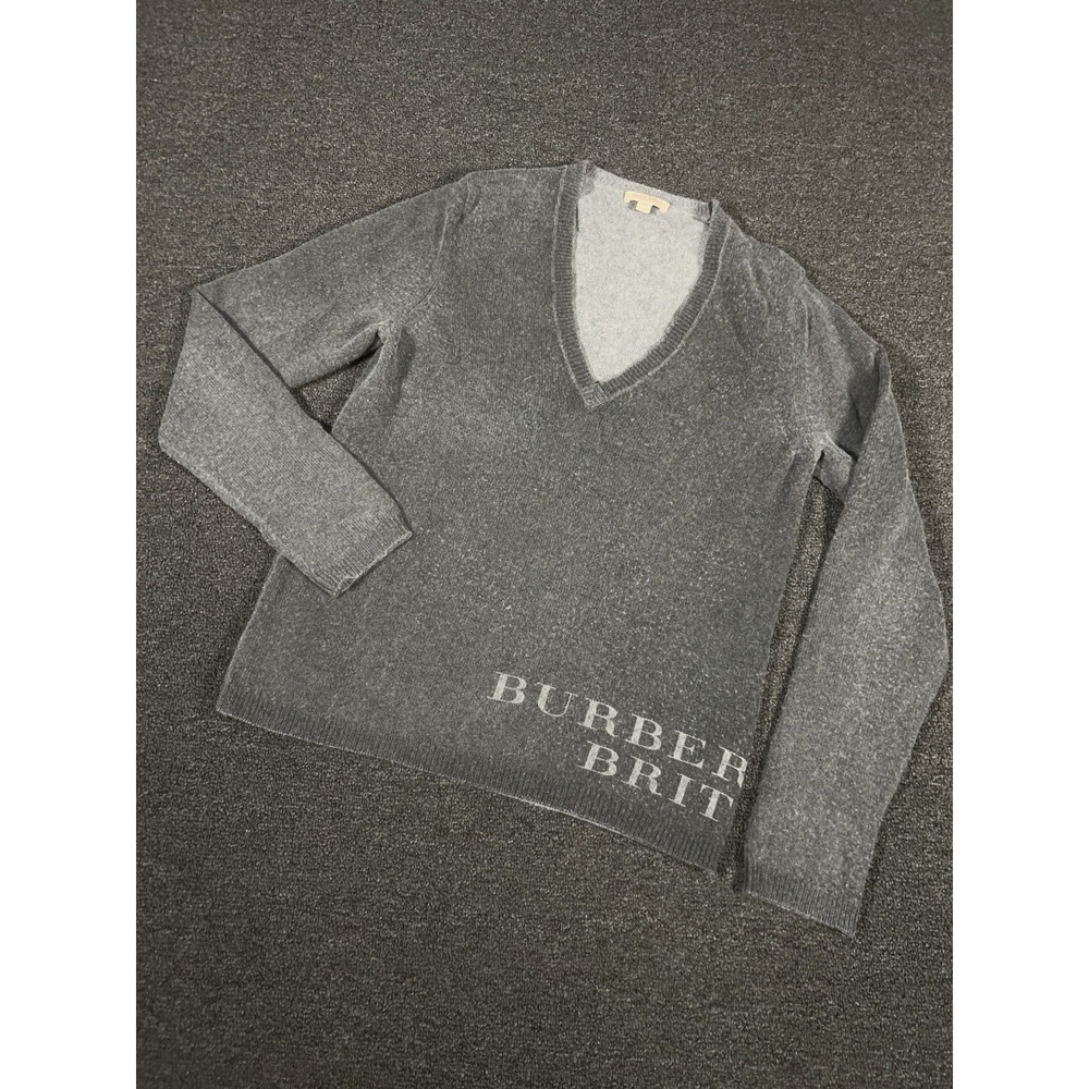Burberry Brit Sweater Women XL Gray Pullover Vneck Spellout Cashmere Wool Luxury